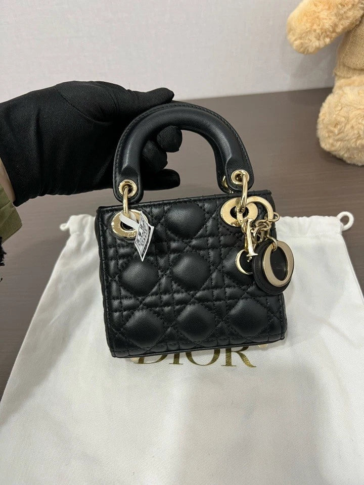 Dior Black Gold Mini Lady Dior Top Handle Bag For Women