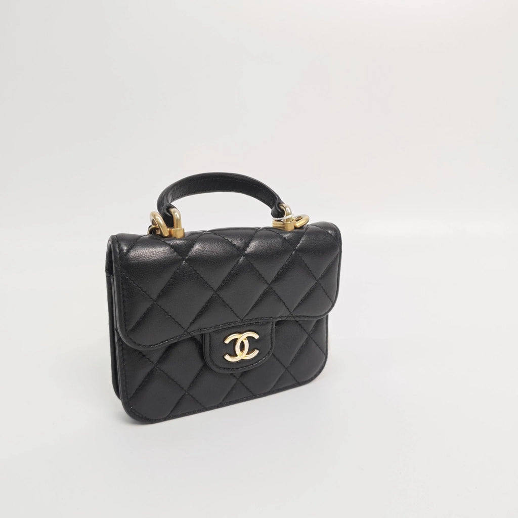 CHANEL Black Gold Lambskin Mini Top Handle Chain Bag For Women