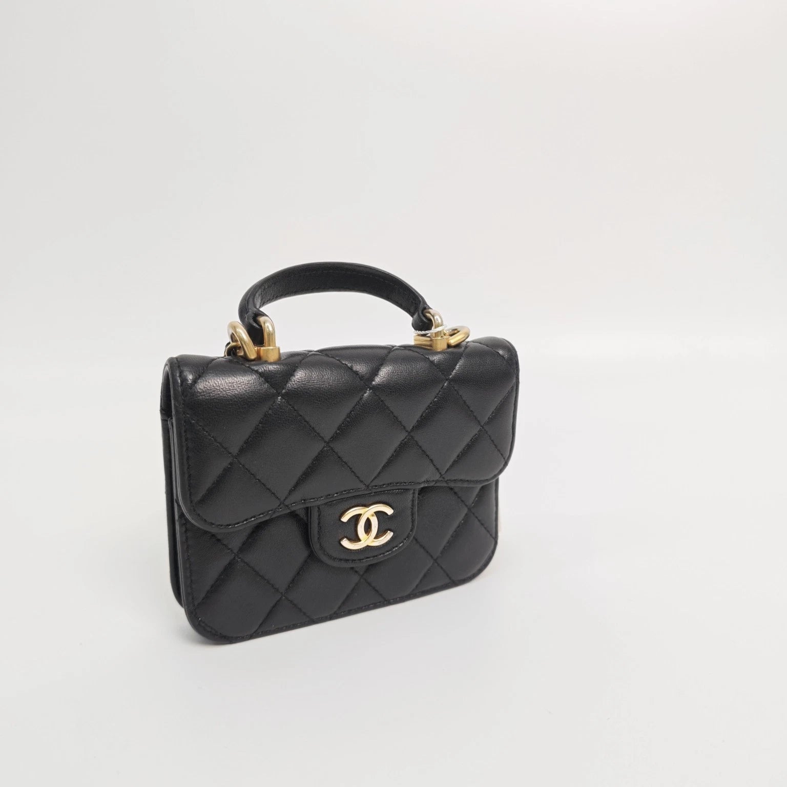 CHANEL Black Gold Lambskin Mini Top Handle Chain Bag For Women