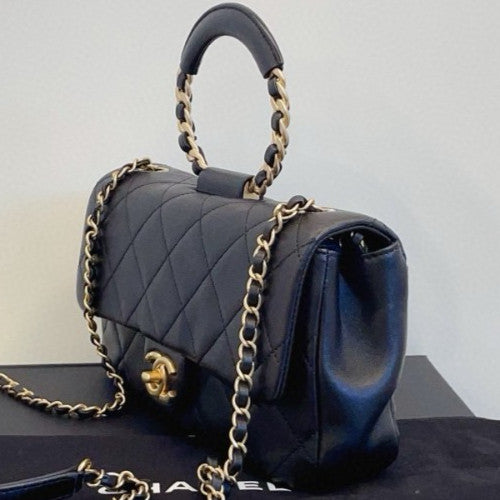 Chanel Diamon Chain Shoulder Bag Crossbody Black Gold Used Women Classic