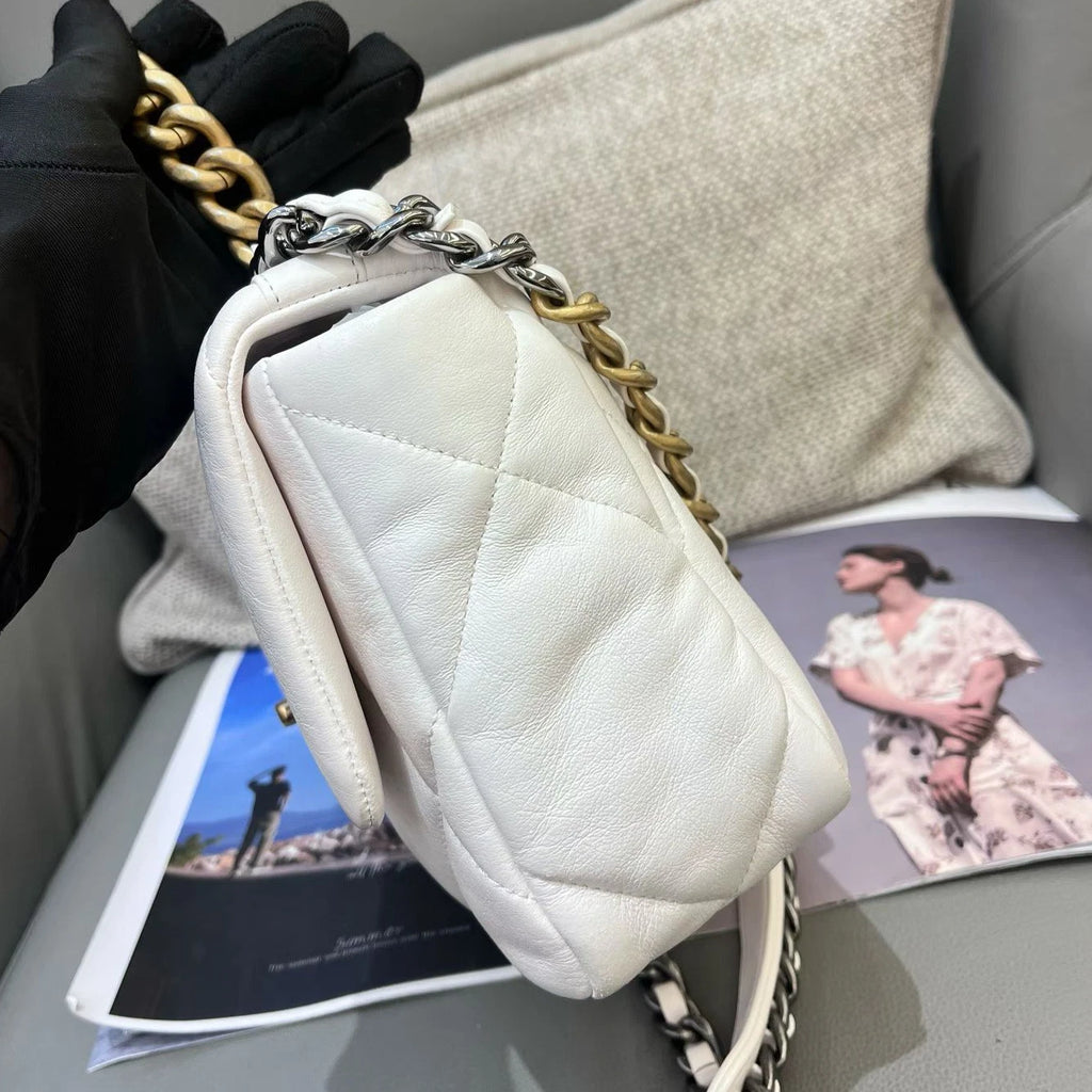 Chanel 19Bag PM Chain Top Handle Crossbody White Gold Women Classic