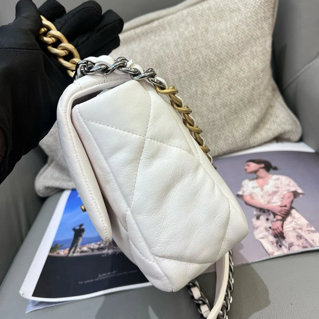 Chanel 19Bag PM Chain Top Handle Crossbody White Gold Women Classic