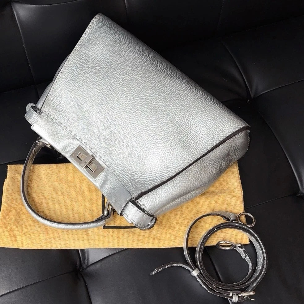 Authentic Fendi Peekaboo Calfskin Top Handle Crossbody Bag Silver SHD
