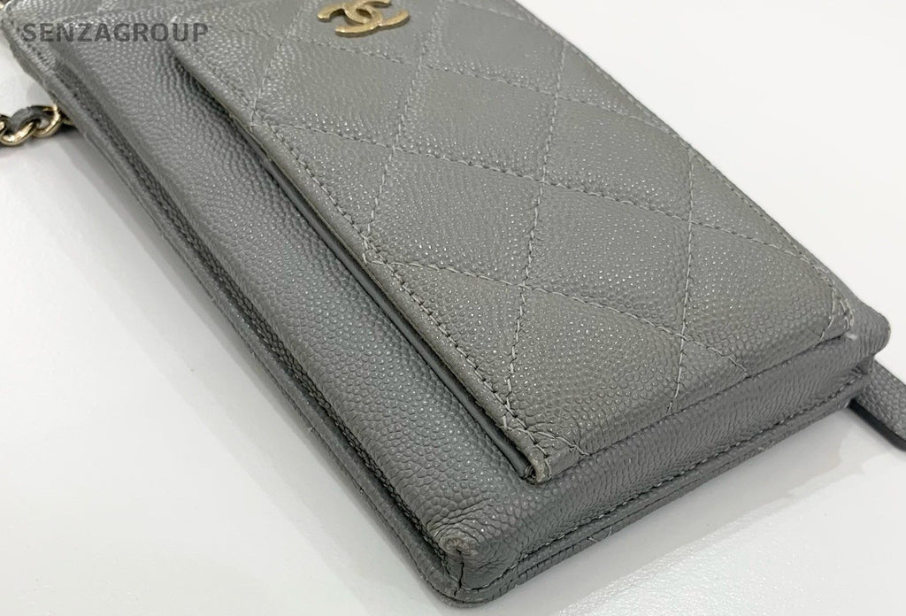 Chanel Calfskin Chain Shoulder Bag Crossbody Gray Gold Diamond Women Classic