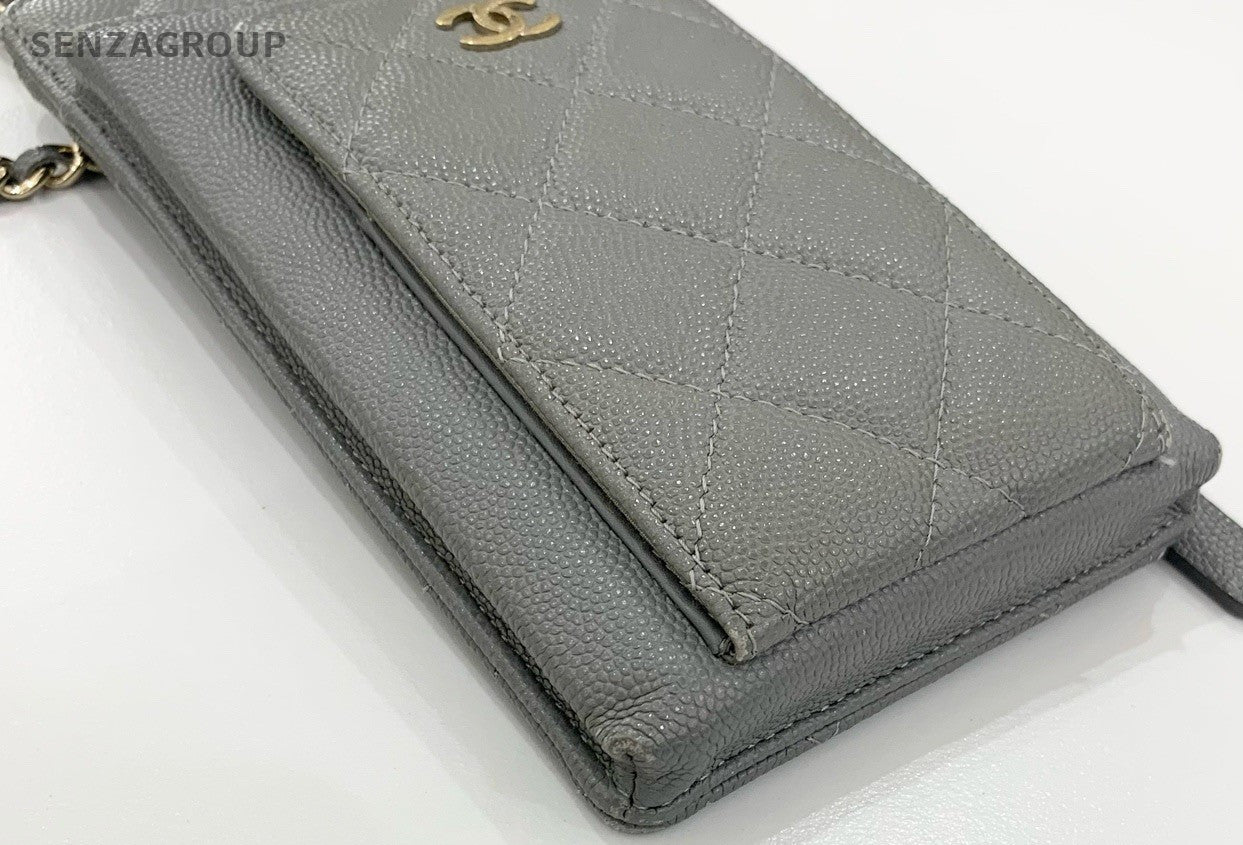 Chanel Calfskin Chain Shoulder Bag Crossbody Gray Gold Diamond Women Classic