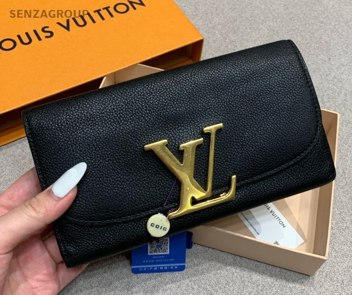 Louis Vuitton Long Wallet All Leather Logo Black Gold