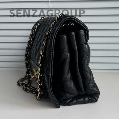 Chanel Black Gold Quilted Accordion Chain Shoulder Bag Classic Women