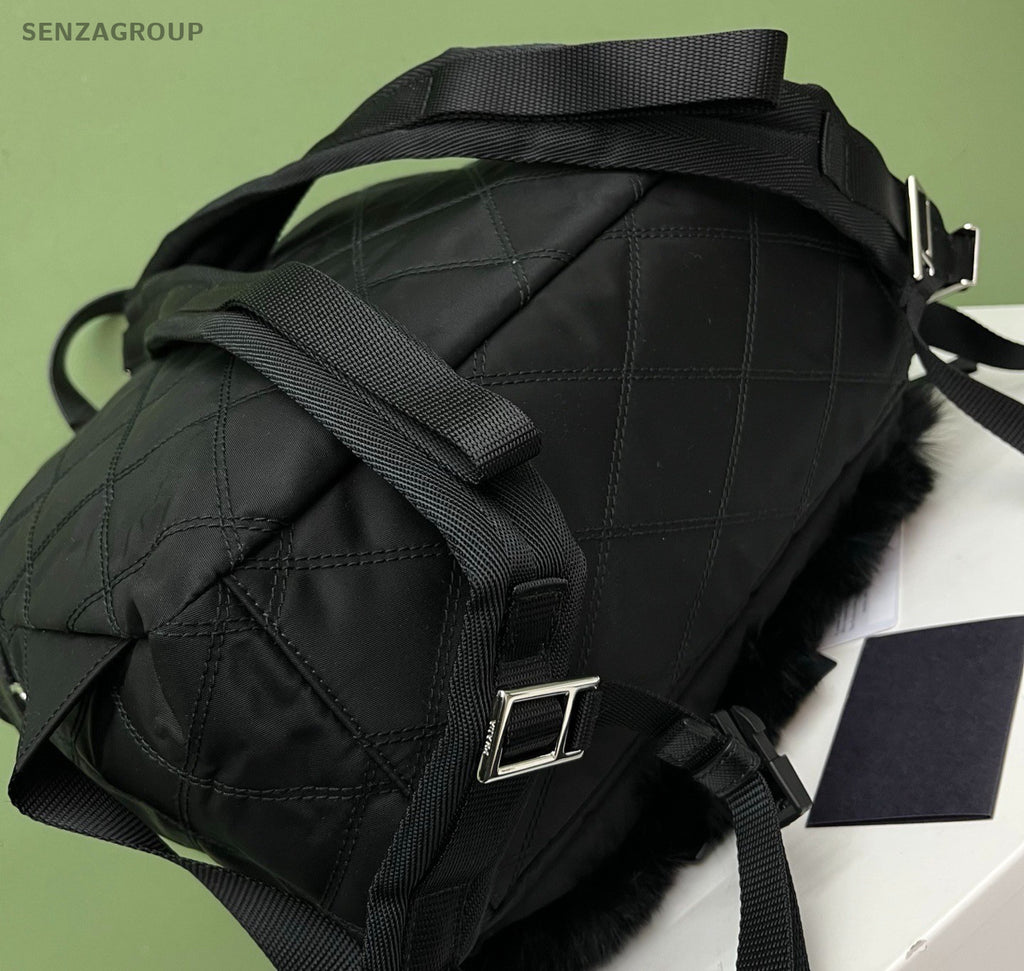 Prada Quilted Faux Fur Backpack Black Silver Unisex Adults Classic