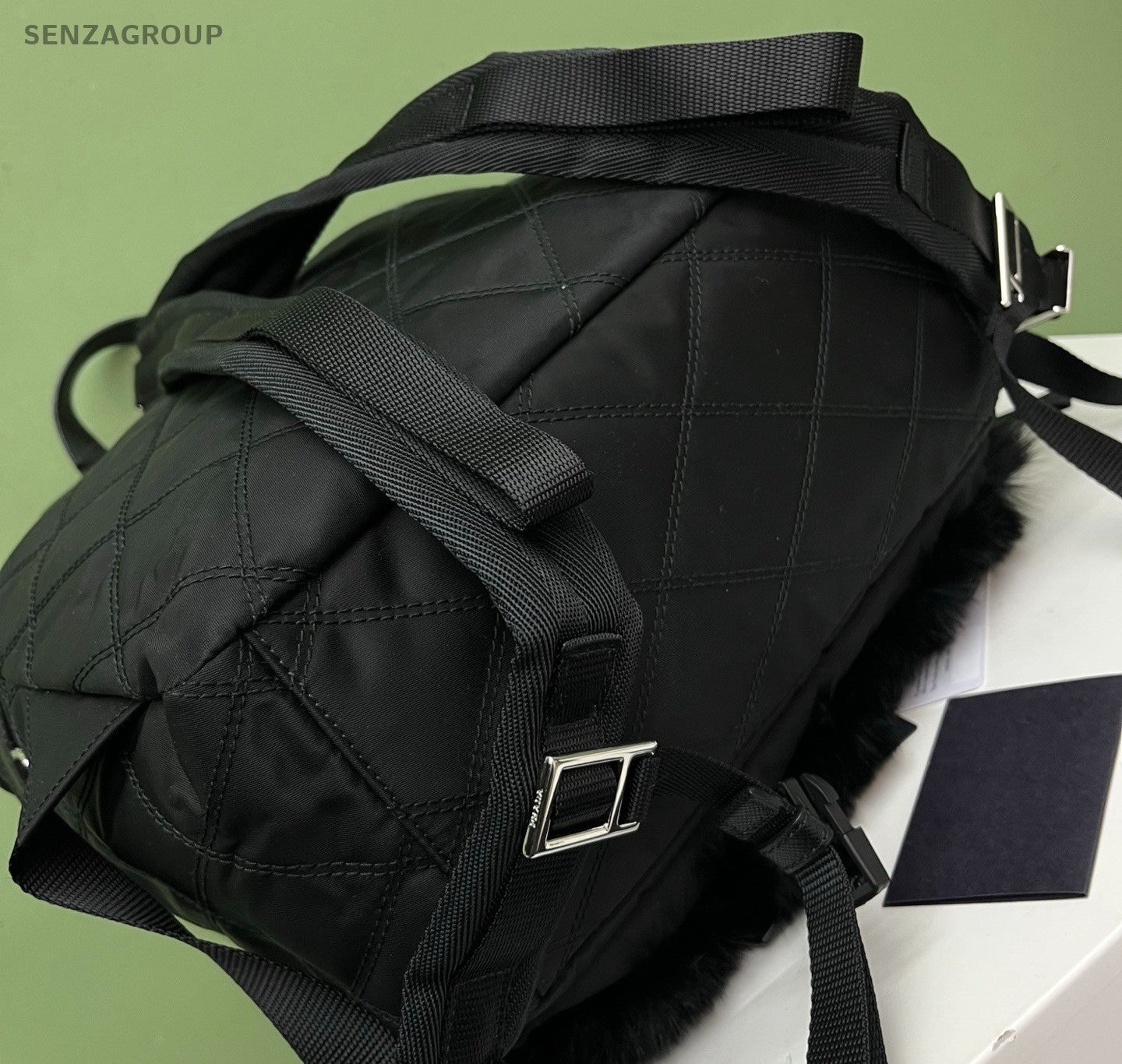 Prada Quilted Faux Fur Backpack Black Silver Unisex Adults Classic