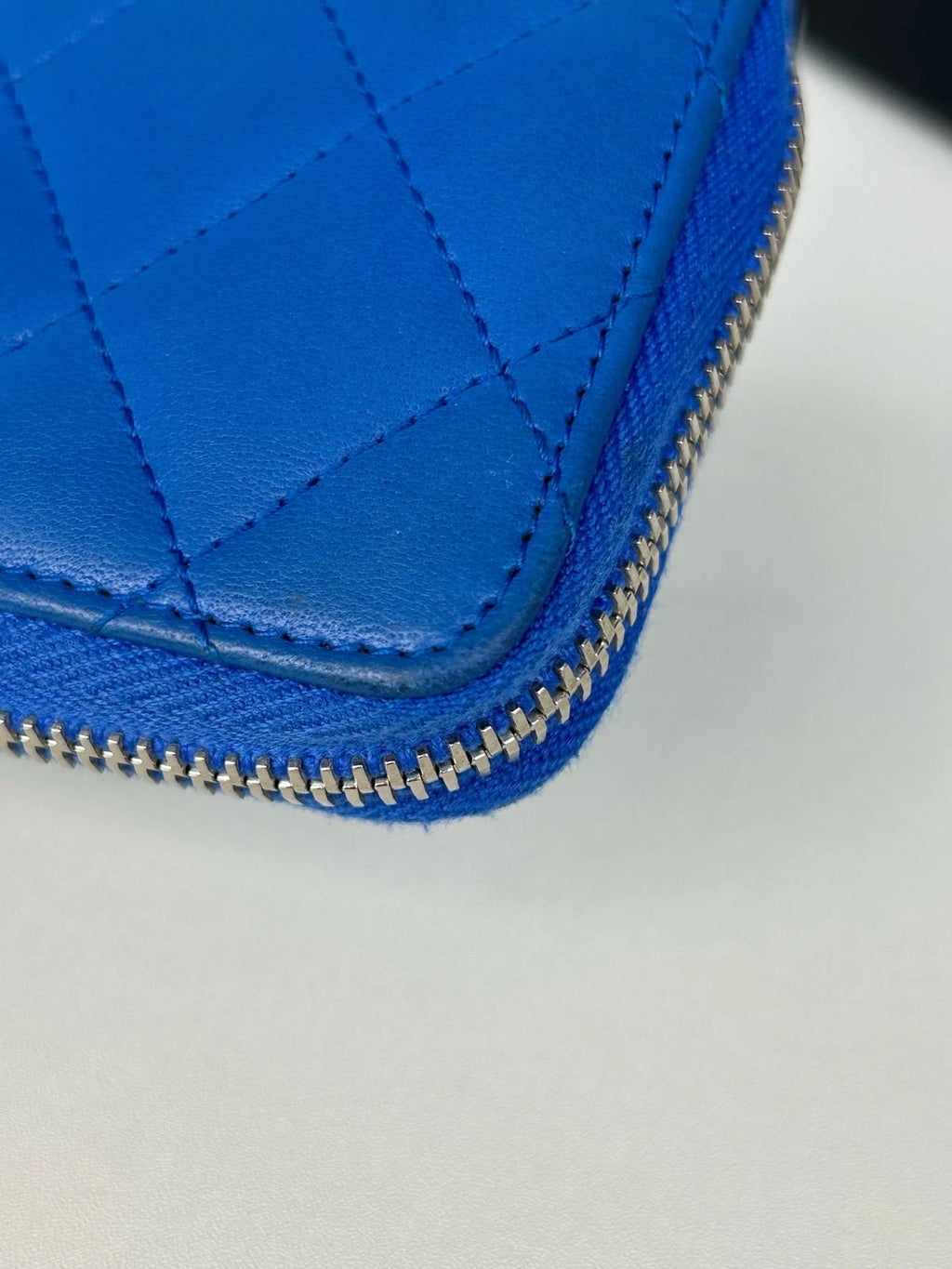 Chanel Diamond Lambskin Card Wallet Blue Silver Used Women Classic