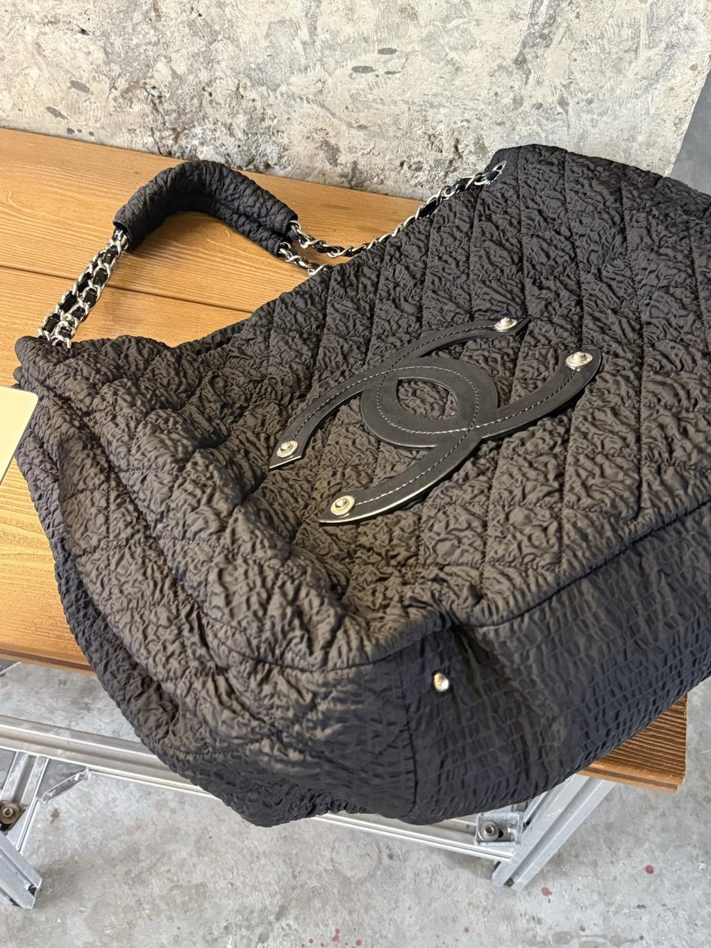 Chanel XXL Ruched Tote Bag Large Shoulder Bag Daily Carry Black Silver