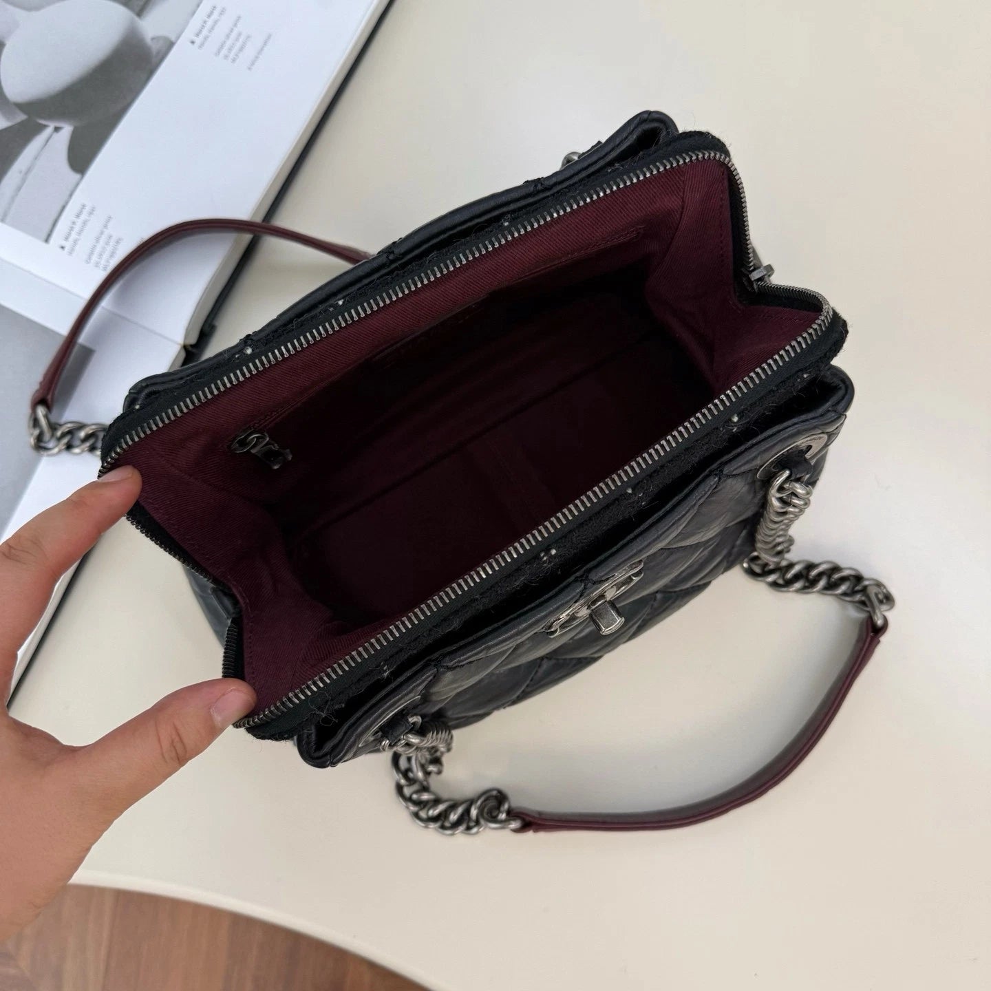 Chanel Bolide Diamond Chain Shoulder Bag Black Silver Used Women Classic