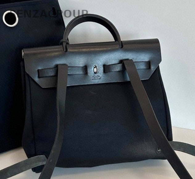 Hermes Herbag Canvas Backpack Black Silver Used Women Classic Vintage