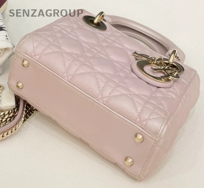 Christian Dior Lady Dior Chain Crossbody Top Handle Bag Pink Gold Women Classic