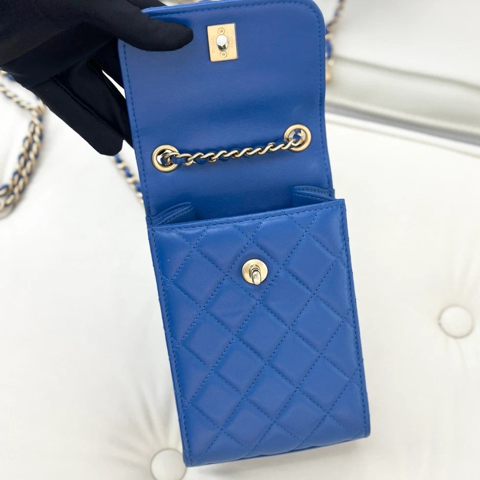 Chanel Lambskin Phone Bag Shoulder Crossbody Bag Blue Gold Hardware Women S