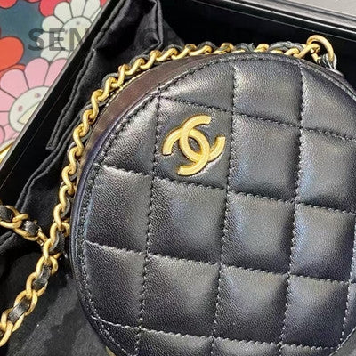 Chanel Black Gold Quilted Mini Round Bag Lamb Skin Chain Shoulder Bag