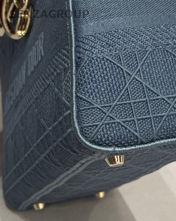 Christian Dior Lady Dior Top Handle Bag Crossbody Blue Silver Used Women Classic