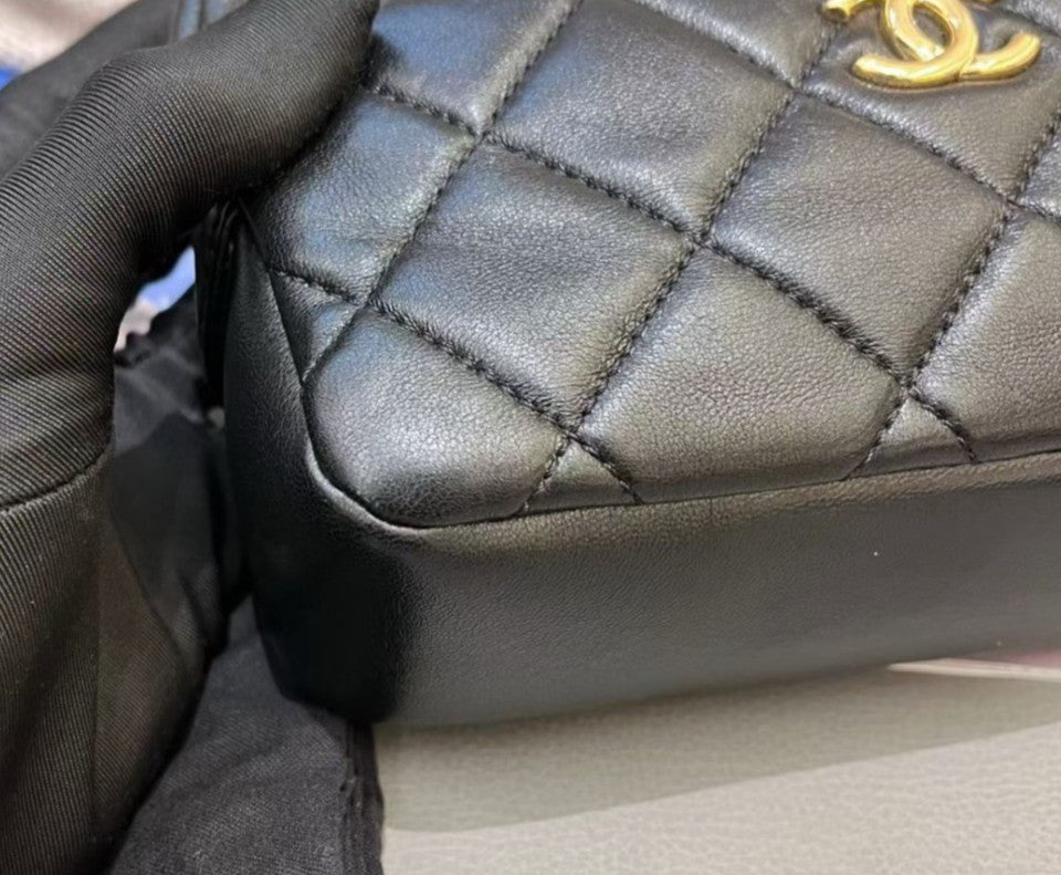 Chanel Diamond PM Camera Case Chain Shoulder Bag Black Gold Women Classic