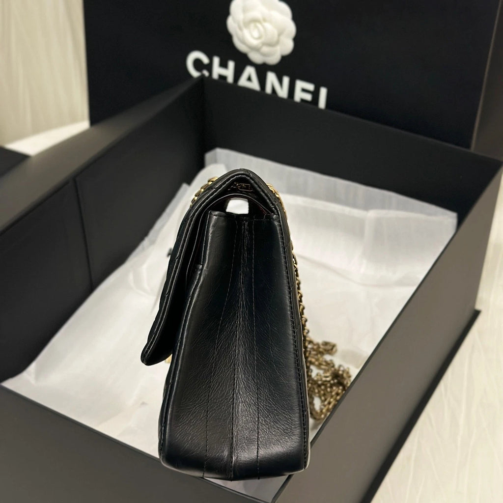 CHANEL Black Gold Waxed Calfskin 2.55 Medium Chain Shoulder Bag Women