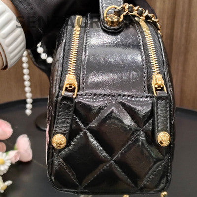 Chanel Bowling Quilted Chain Shoulder Bag Black Gold Classic Women's