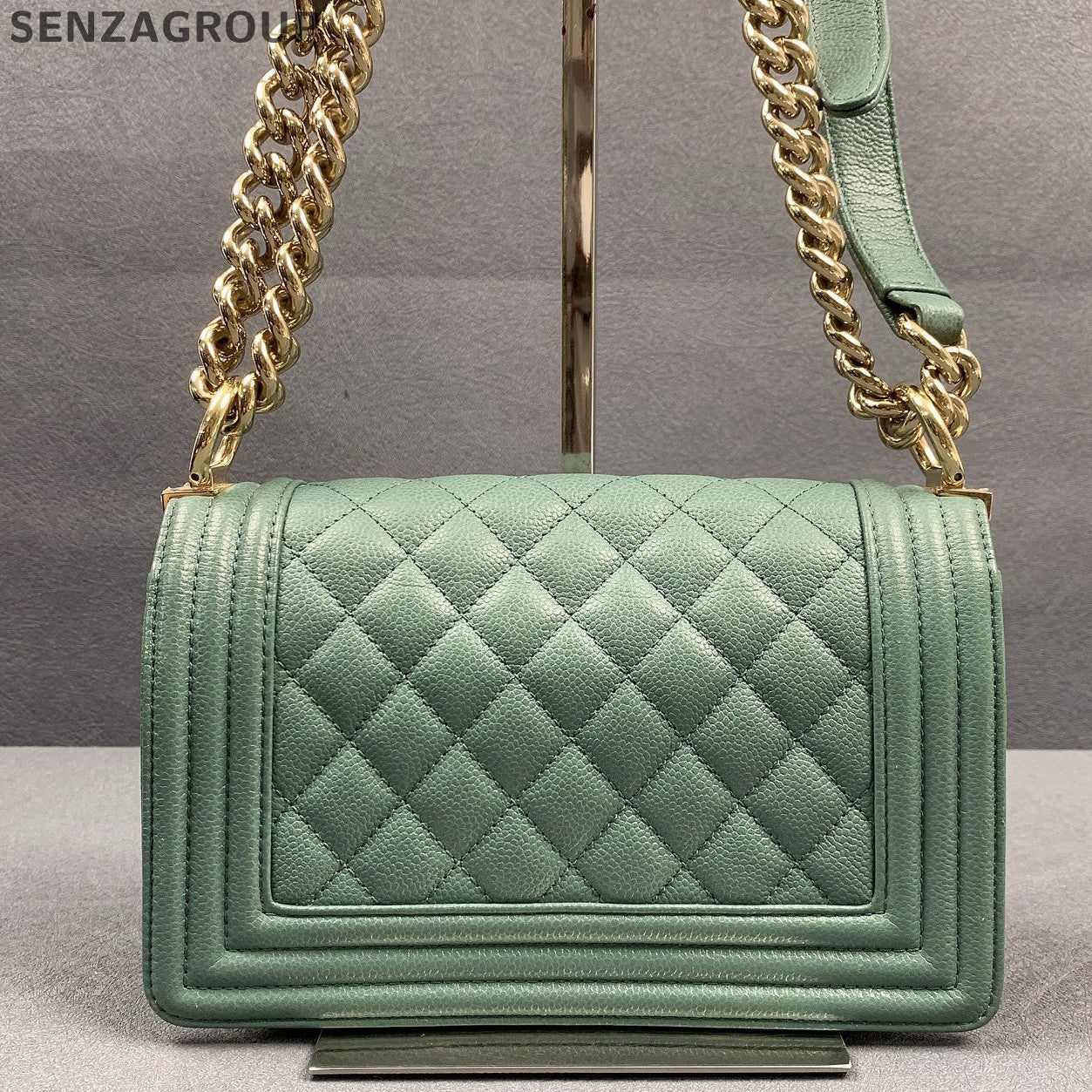 Chanel Small Boy Bag Green Gold Quilted Classic Chain Shoulder Crossbody