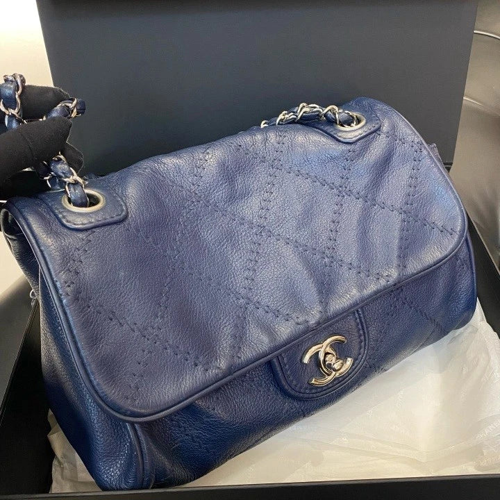 Chanel Classic Flap Hobo Calfskin Chain Shoulder Bag Navy Silver Women Diamond D