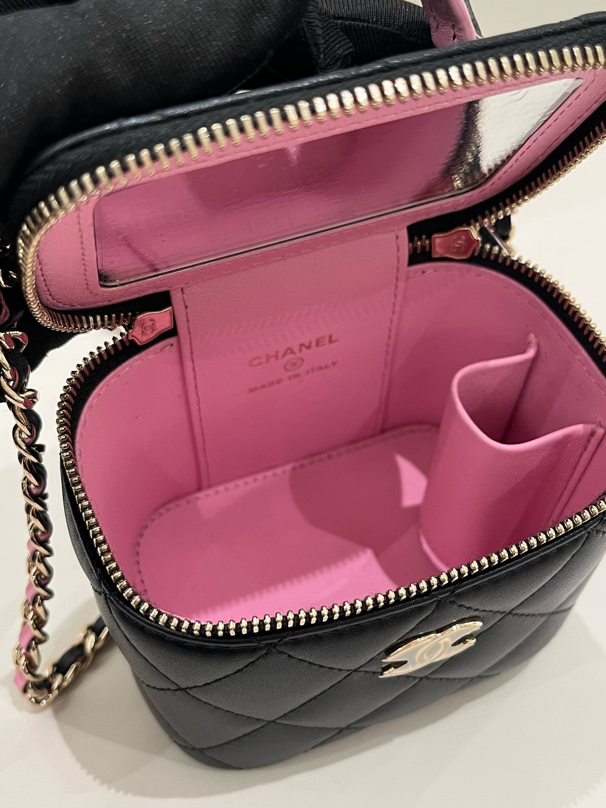 Chanel Quilted Black & Pink Mini Box Bag with Chain Strap