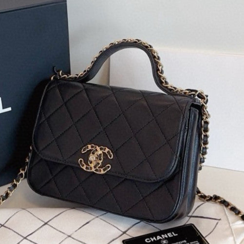 Chanel 19Bag  Diamond Top Handle Chain Shoulder Crossbody Black Gold Used Women
