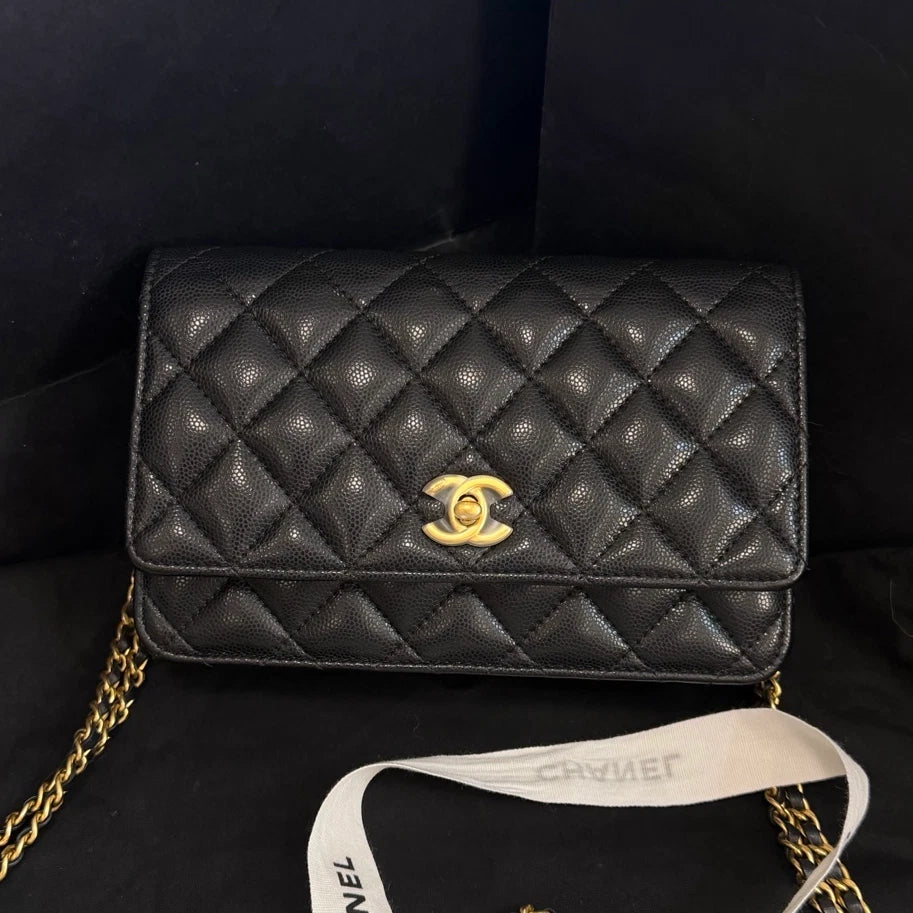 Chanel Classic Flap WOC Calfskin Chain Shoulder Crossbody Black Gold Women