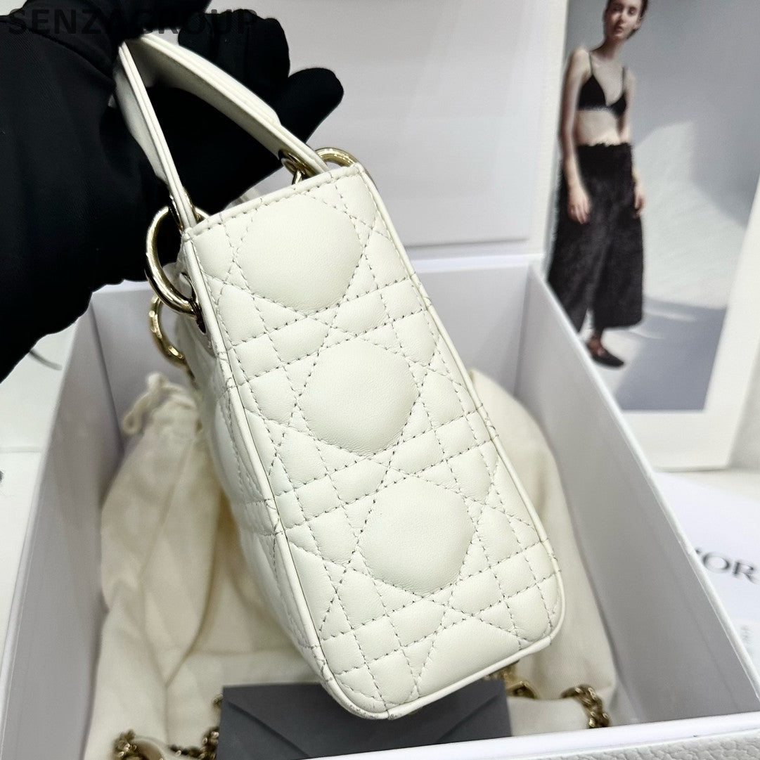 Dior Lady Dior Bag White Gold Lamb Leather Classic Women's Handbag