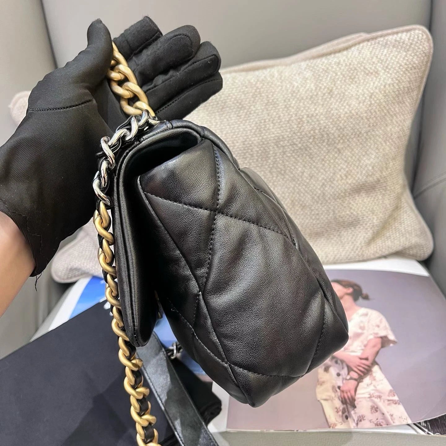 Chanel 19Bag PM Chain Top Handle Crossbody Black Gold Diamond Women Classic