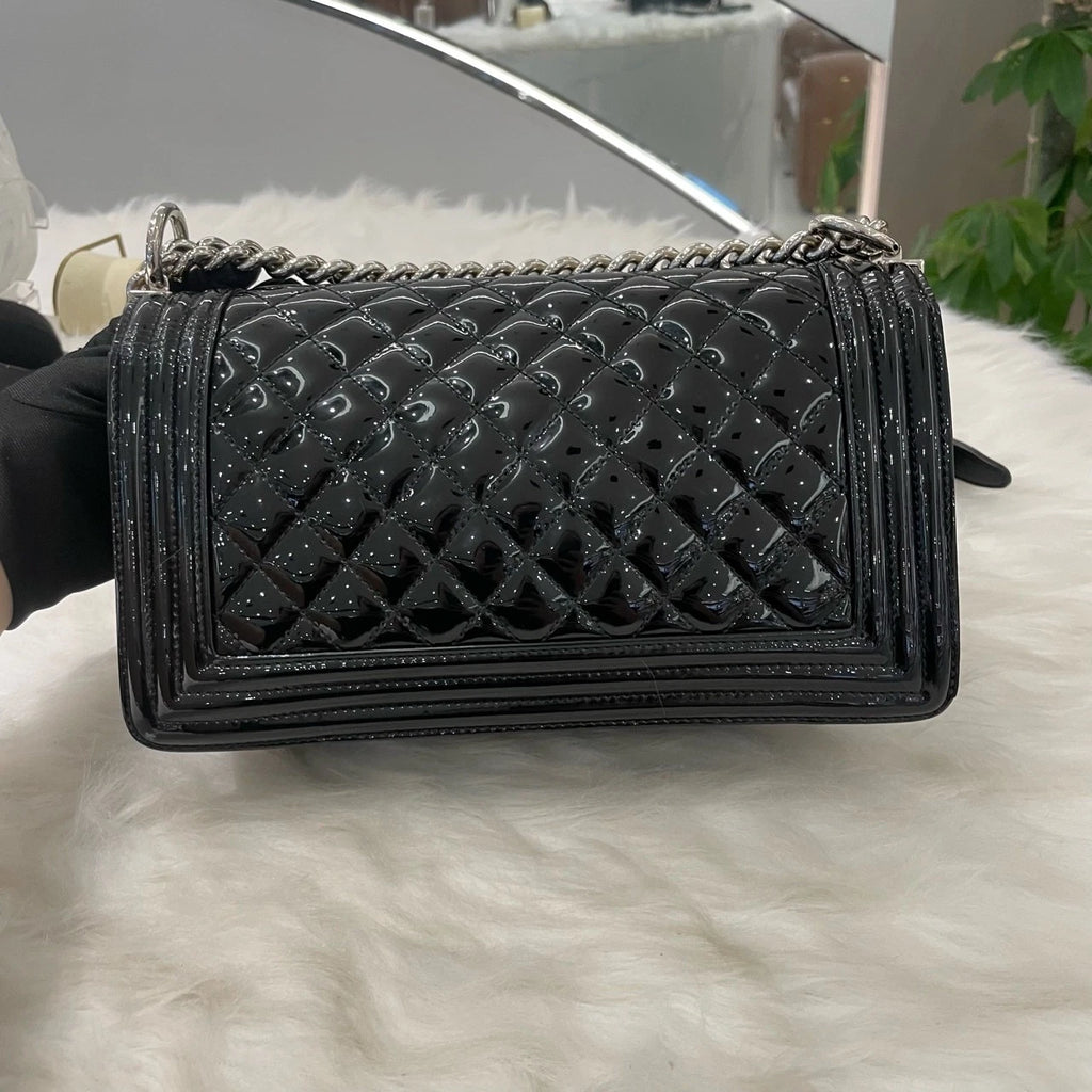 Chanel Le Boy Medium Black Silver Chain Shoulder Bag Quilted