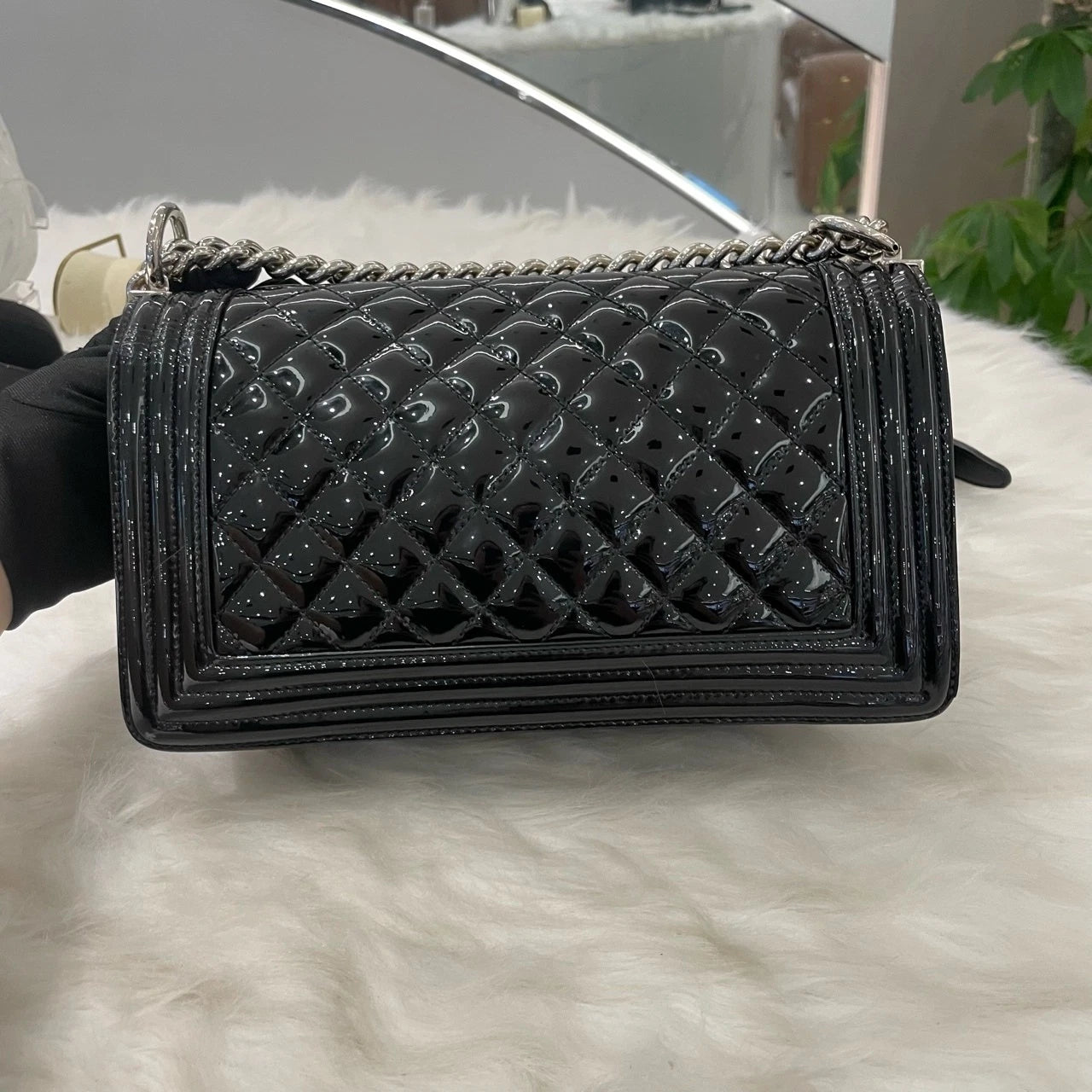 Chanel Le Boy Medium Black Silver Chain Shoulder Bag Quilted