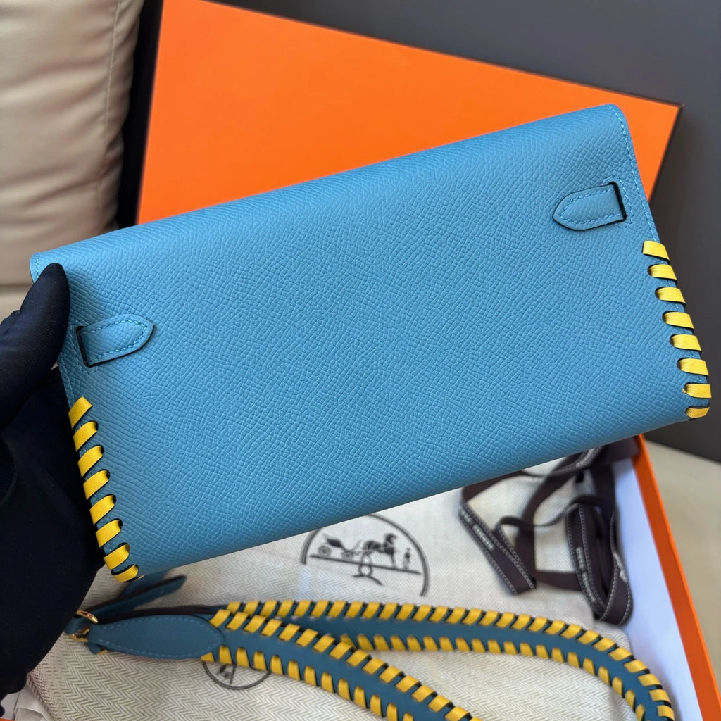 New Hermes Kelly To Go Tressage 2Way Blue Clutch Crossbody Gold Hardware