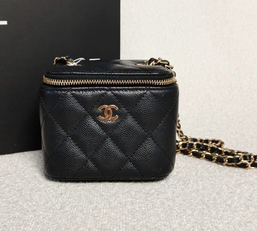 Chanel Diamond Box Chain Shoulder Bag Crossbody Black Gold Women Classic