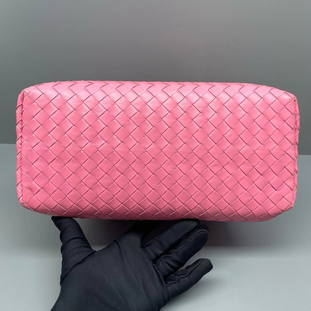 Bottega Veneta Intrecciato PM Top Handle Bag Crossbody Pink Silver Women