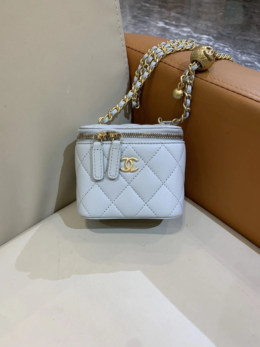 CHANEL Light Gray Gold Ball Mini Box Bag For Women