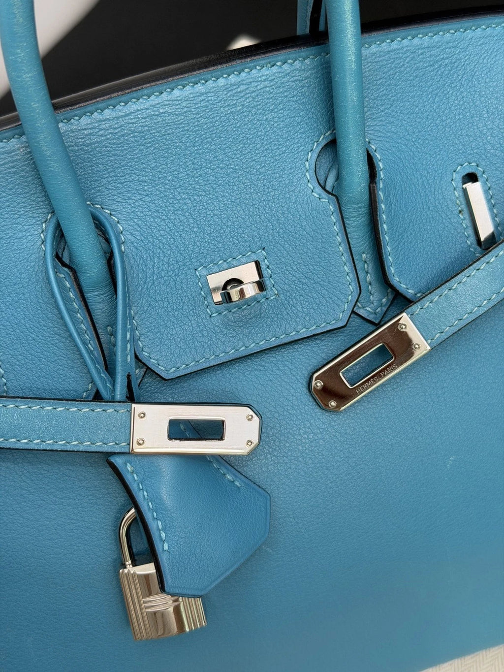Hermes Birkin25 Evercolor Leather Top Handle Bag Blue Silver Used Women Classic