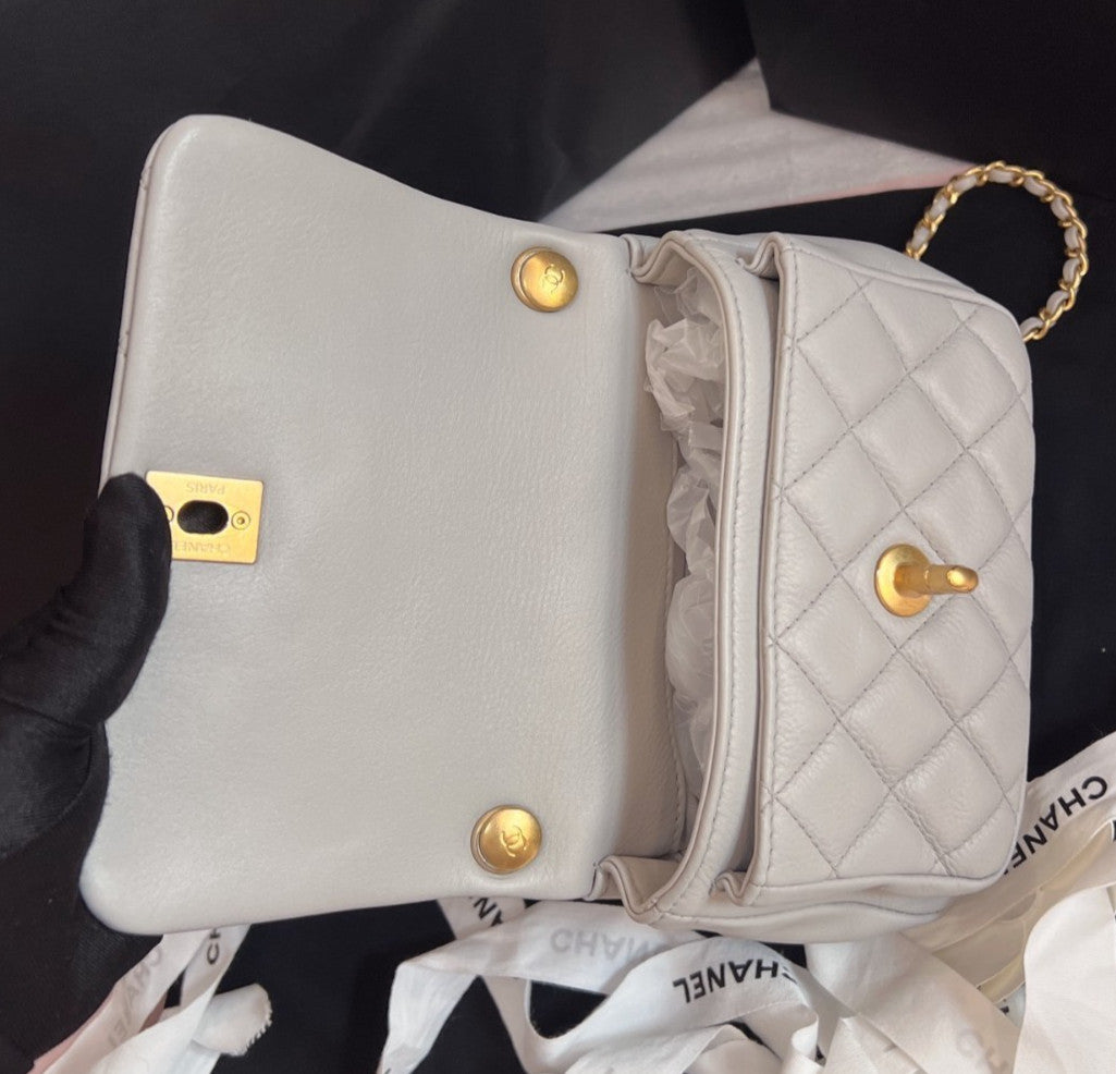 Chanel Diamond Mini 2Way Top Handle Chain Crossbody Gray Gold Women Classic