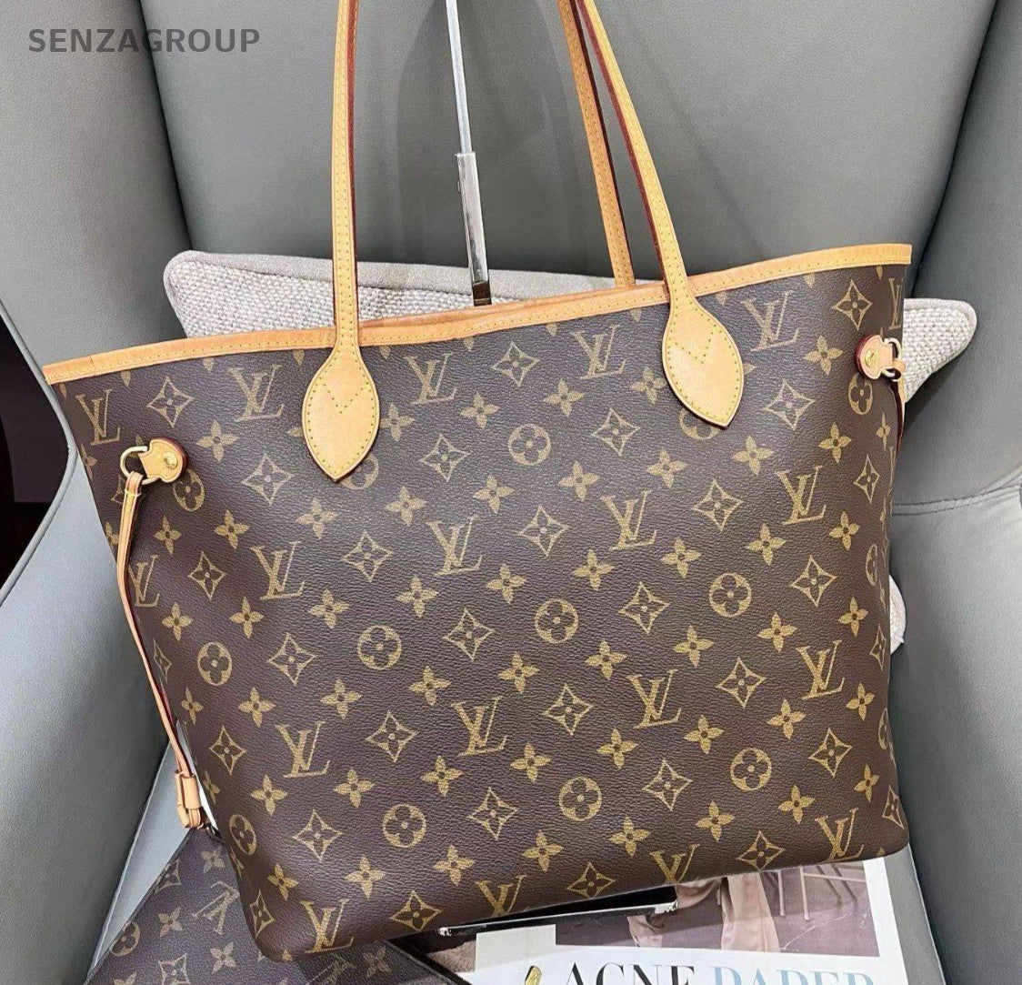 Louis Vuitton Neverfull MM Monogram Tote Shoulder Bag Brown Gold Women Classic