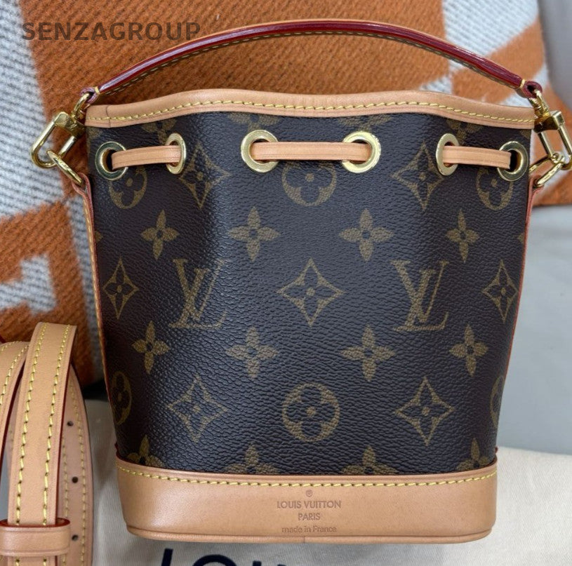 Louis Vuitton Monogram Nano Noe Bucket Bag Crossbody Brown Gold Women Classic