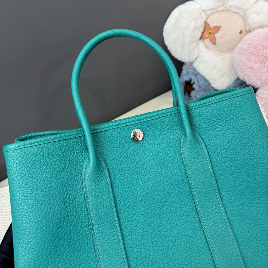 Hermes Garden Party30 Top Handle Bag Green Silver Women Classic