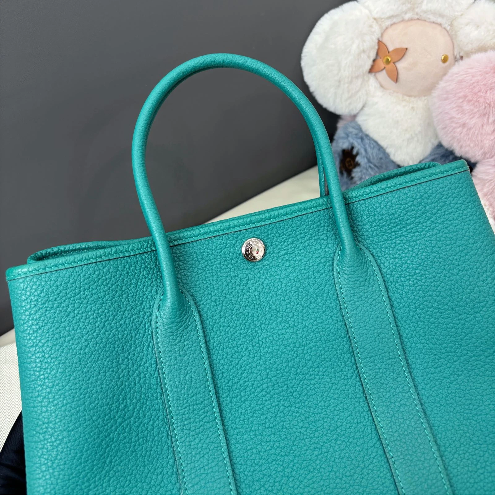 Hermes Garden Party30 Top Handle Bag Green Silver Women Classic