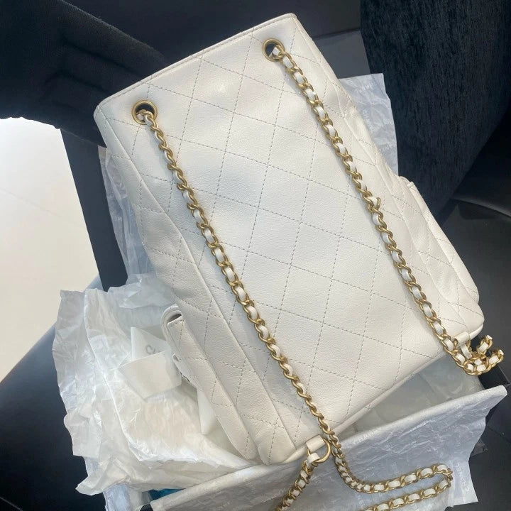 Chanel Diamond Lambskin Chain Drawstring Backpack White Gold Women Classic D