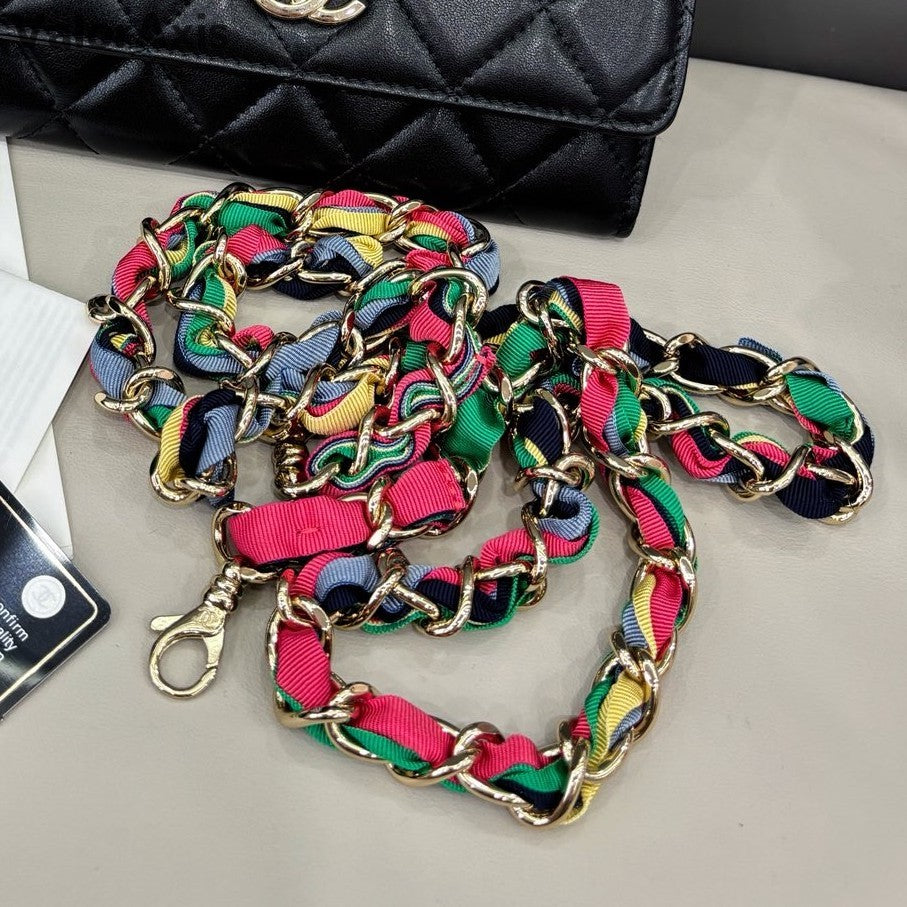 Chanel Diamond Lambskin Chain Crossbody Black Gold Women Classic