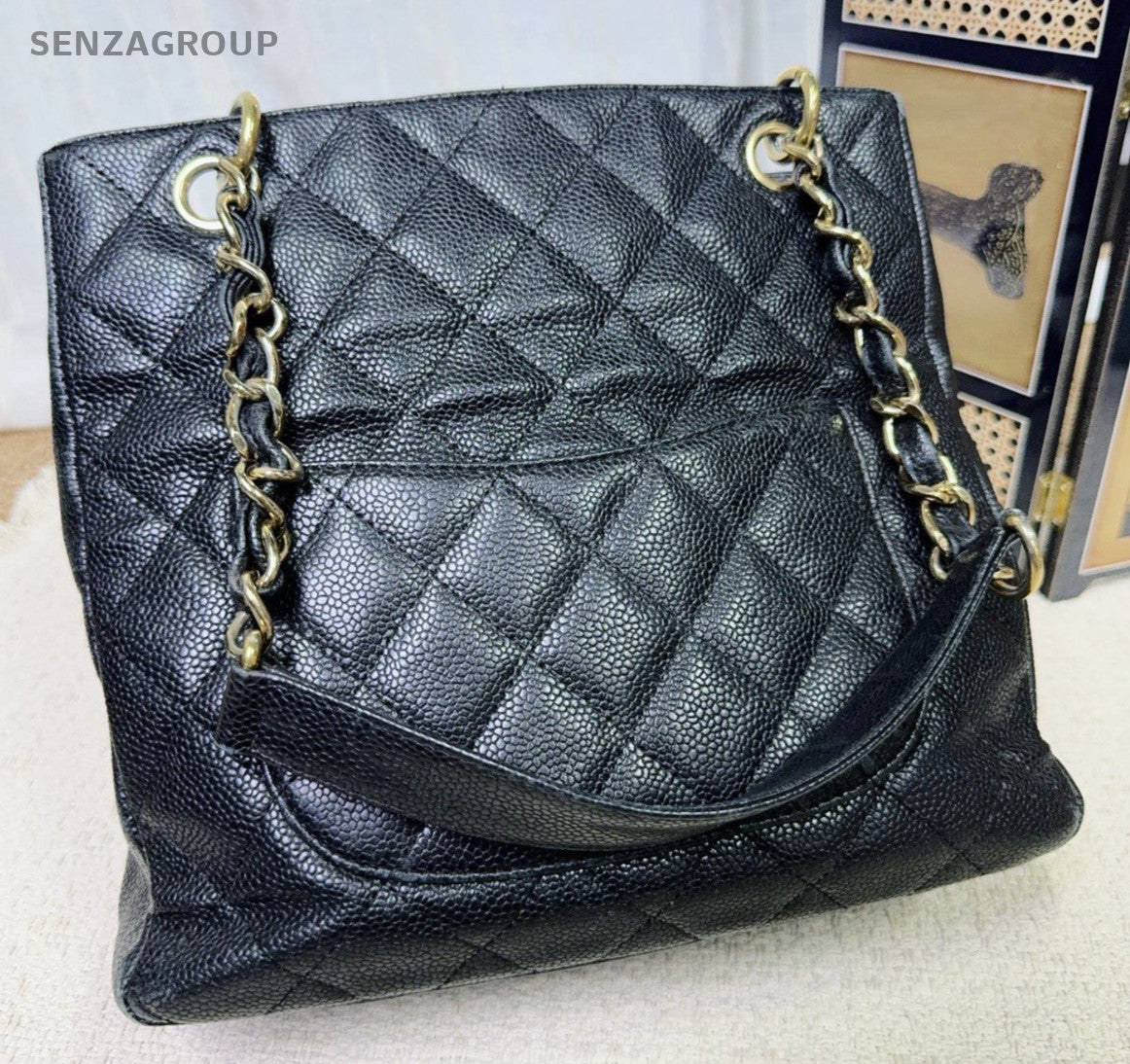 Chanel PST Calfskin Tote Chain Shoulder Bag Black Gold Women Classic Diamond