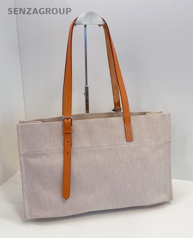Hermes Etriviere Tote Beige Canvas with golden-brown leather shoulder strap