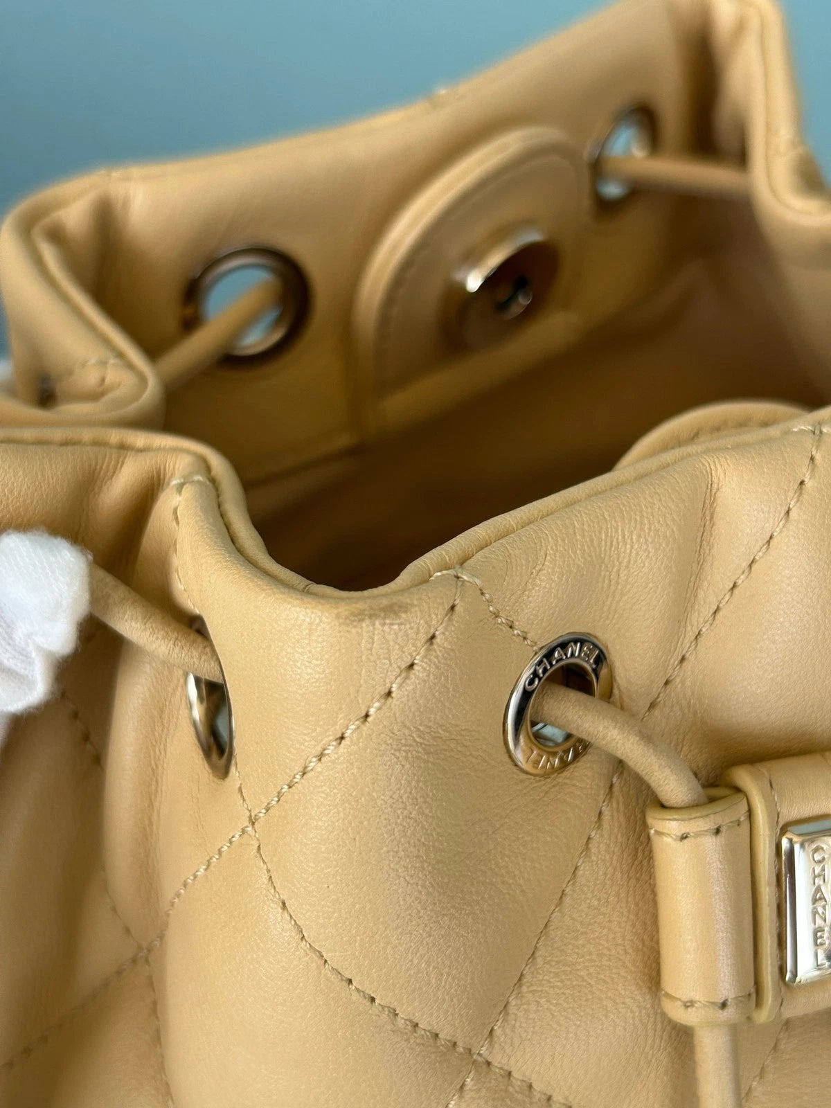 Chanel Diamond Chain Drawstring Backpack Beige Gold Used Women Classic
