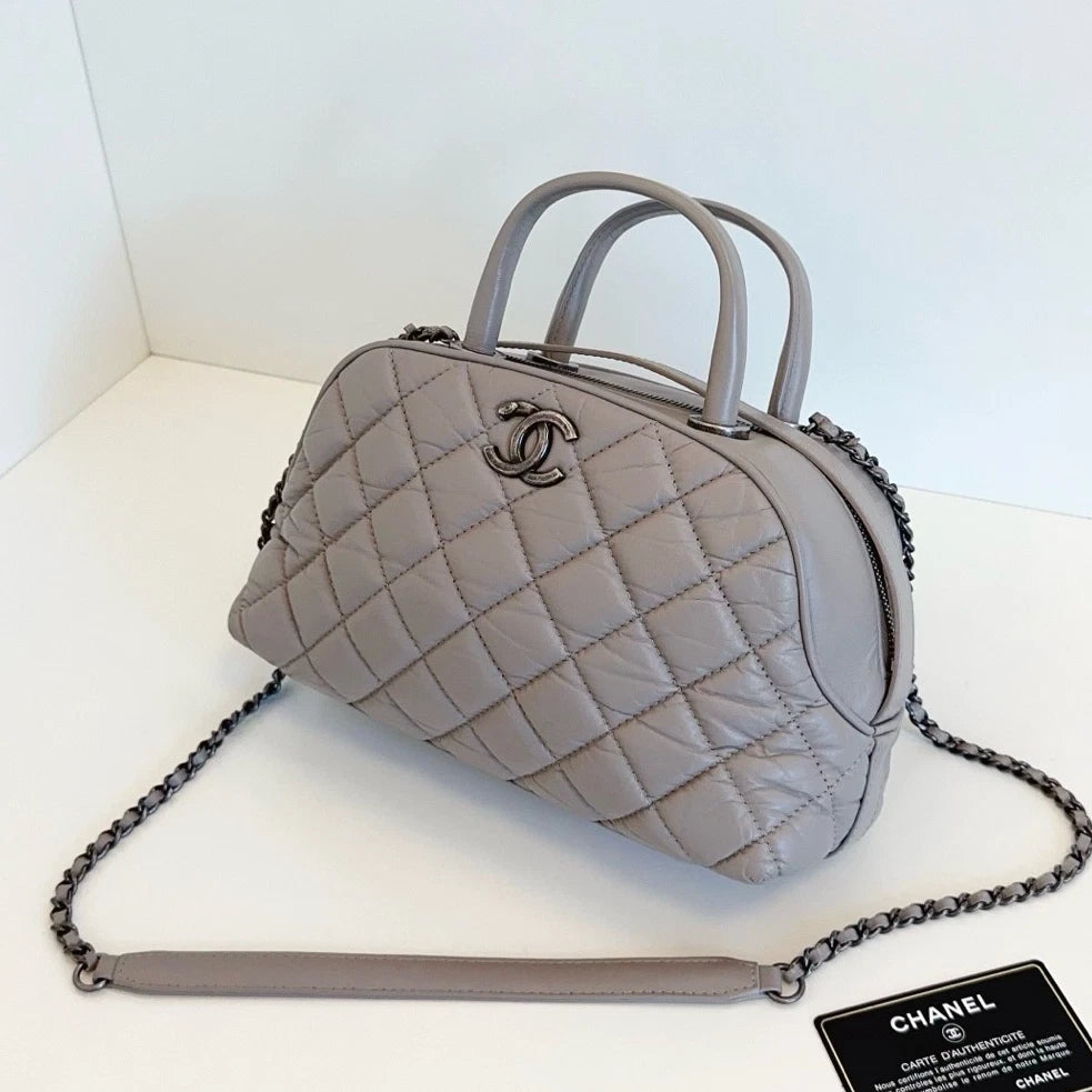 Authentic Chanel Bowling PM Chain Oil Wax Top Handle Shoulder Bag Grey SHD