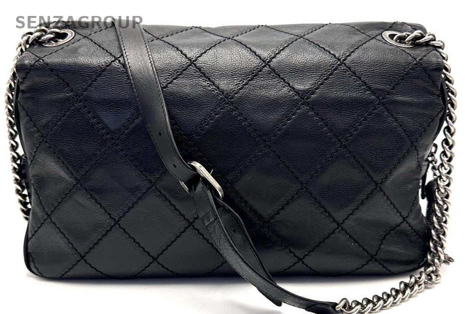 Chanel Classic Flap Diamond Pattern Chain Shoulder Bag Black Silver Used Women